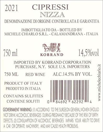 Cipressi Barbera Nizza DOCG 2021 Back Label