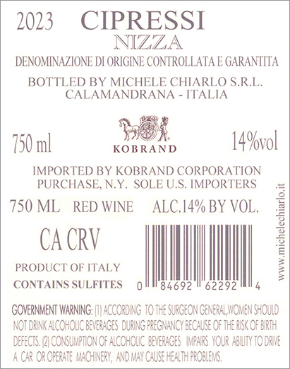 Cipressi Barbera Nizza DOCG 2023 Back Label