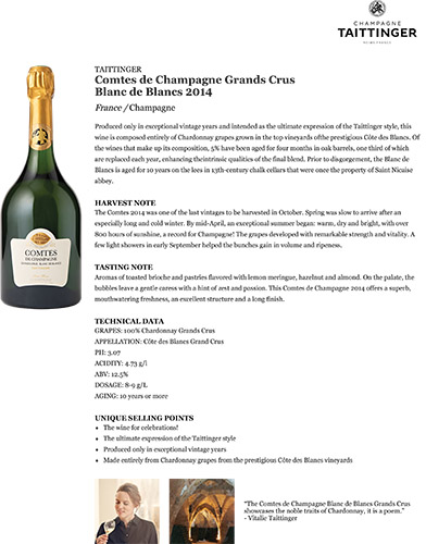 Comtes de Champagne Grands Crus Blanc de Blancs 2014 Fact Sheet