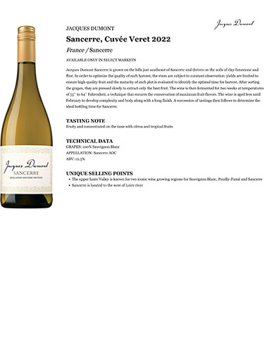 Sancerre, Cuvée Veret 2022 Fact Sheet