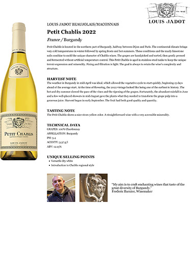 Petit Chablis 2022 Fact Sheet