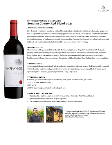 Sonoma County Red Blend 2021 Fact Sheet