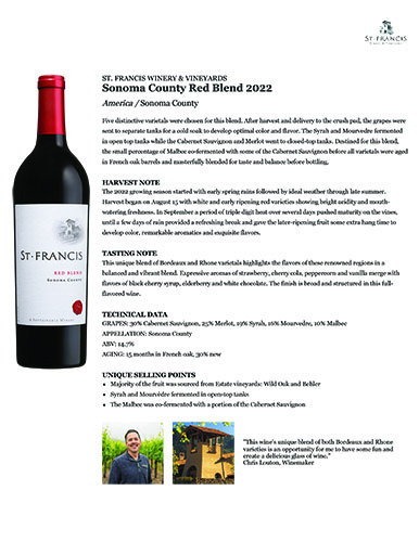 Sonoma County Red Blend 2022 Fact Sheet