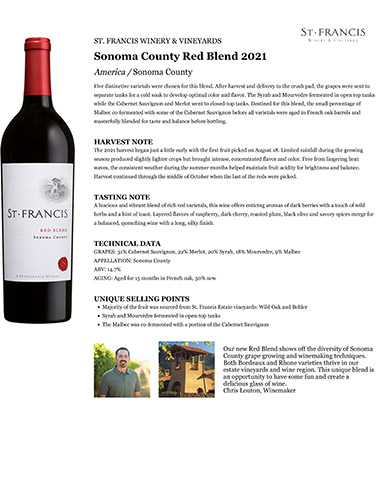 Sonoma County Red Blend 2021 Fact Sheet