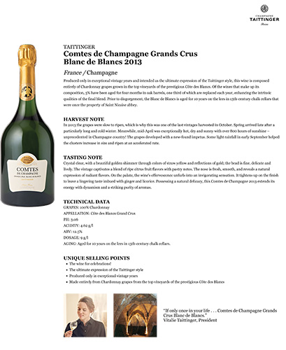 Comtes de Champagne Grands Crus Blanc de Blancs 2013 Fact Sheet