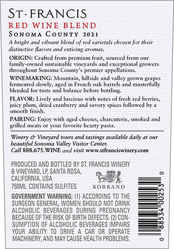 Sonoma County Red Blend 2021 Back Label