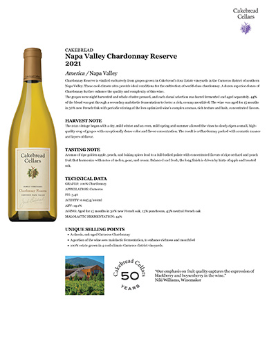 Napa Valley Chardonnay Reserve 2021 Fact Sheet