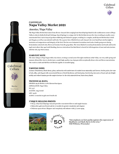 Napa Valley Merlot 2021 Fact Sheet