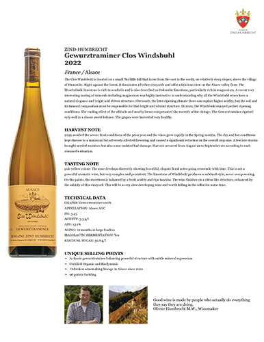 Gewurztraminer Clos Windsbuhl 2022 Fact Sheet