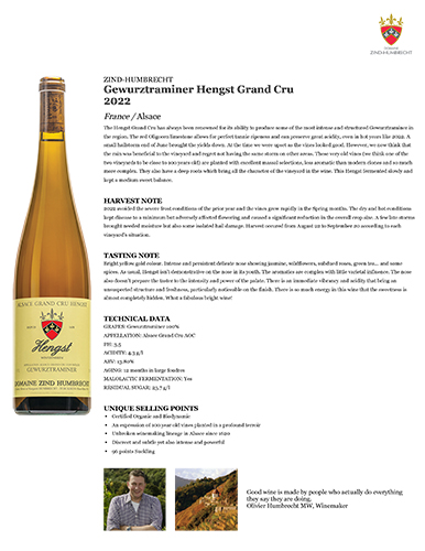 Gewürztraminer Hengst Grand Cru 2022 Fact Sheet