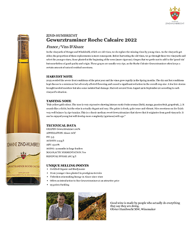 Gewürztraminer Roche Calcaire 2022 Fact Sheet