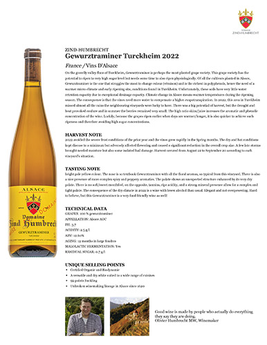 Gewurztraminer Turckheim 2022 Fact Sheet