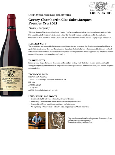 Gevrey-Chambertin Clos Saint Jacques Premier Cru 2021 Fact Sheet