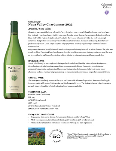 Napa Valley Chardonnay 2023 Fact Sheet
