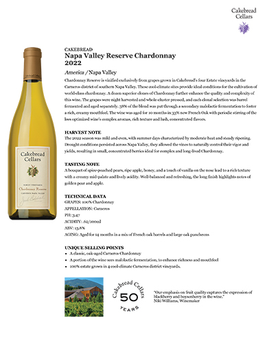Napa Valley Chardonnay Reserve 2022 Fact Sheet