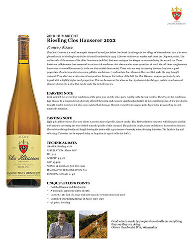 Riesling Clos Hauserer 2022 Fact Sheet