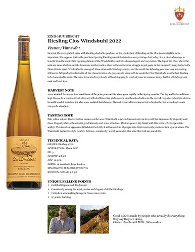Riesling Clos Windsbuhl 2022 Fact Sheet