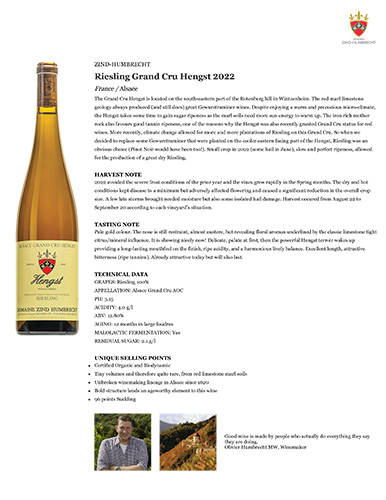 Riesling Grand Cru Hengst 2022 Fact Sheet