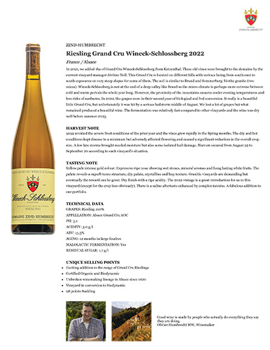 Riesling Grand Cru Wineck-Schlossberg 2022 Fact Sheet