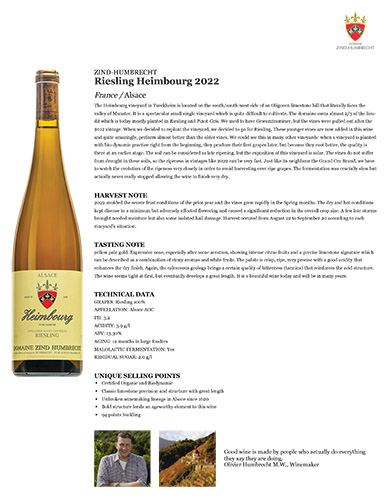 Riesling Heimbourg 2022 Fact Sheet