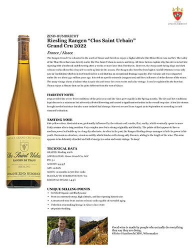 Riesling Rangen “Clos Saint Urbain” Grand Cru 2022 Fact Sheet