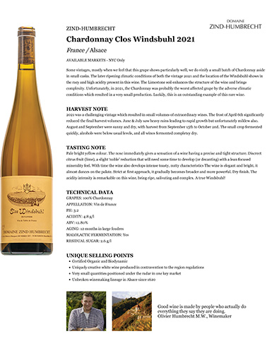 Chardonnay Clos Windsbuhl 2021 Fact Sheet