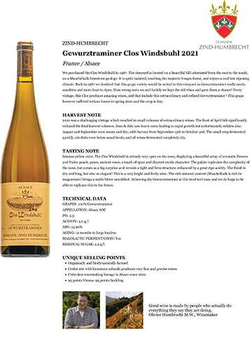 Gewurztraminer Clos Windsbuhl 2021 Fact Sheet
