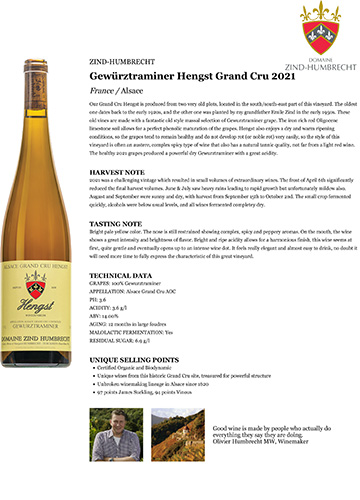 Gewürztraminer Hengst Grand Cru 2021 Fact Sheet