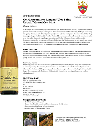 Gewürztraminer Rangen “Clos Saint Urbain” Grand Cru 2021 Fact Sheet