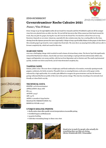 Gewurztraminer Roche Calcaire 2021 Fact Sheet