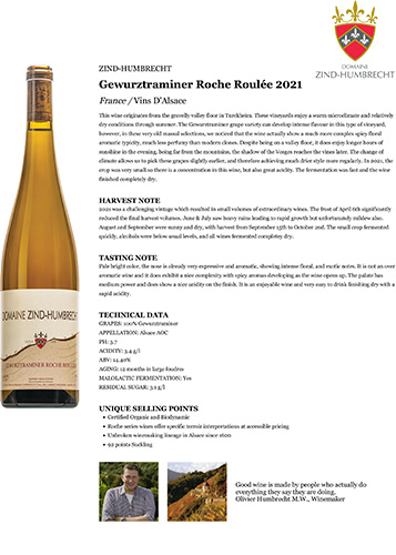Gewurztraminer Roche Roulée 2021 Fact Sheet