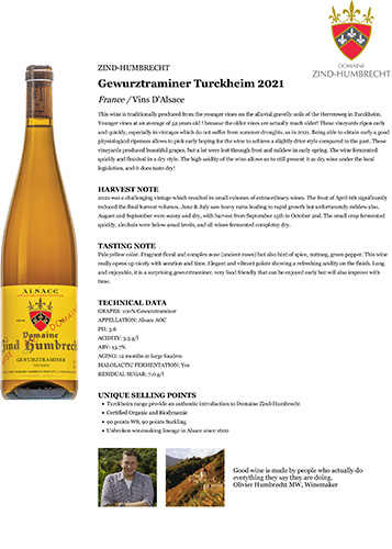 Gewurztraminer Turckheim 2021 Fact Sheet