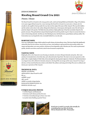 Riesling Brand Grand Cru 2021 Fact Sheet