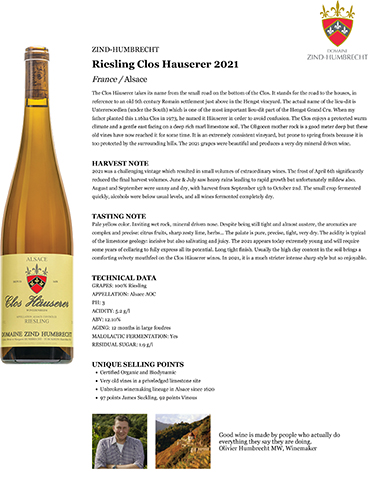 Riesling Clos Hauserer 2021 Fact Sheet