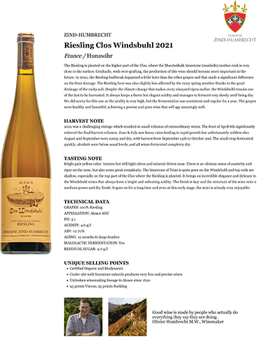 Riesling Clos Windsbuhl 2021 Fact Sheet