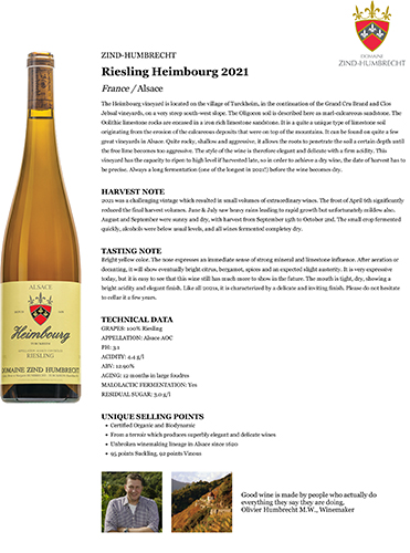 Riesling Heimbourg 2021 Fact Sheet