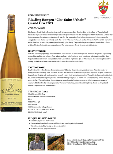 Riesling Rangen “Clos Saint Urbain” Grand Cru 2021 Fact Sheet