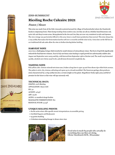 Riesling Roche Calcaire 2021 Fact Sheet