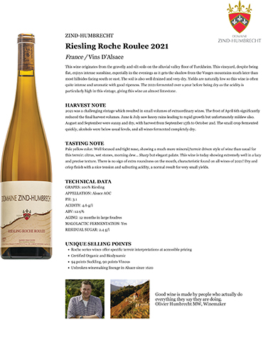 Riesling Roche Roulee 2021 Fact Sheet