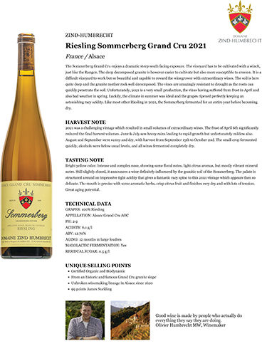 Riesling Sommerberg Grand Cru 2021 Fact Sheet