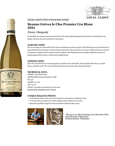 Beaune Greves le Clos Blanc Premier Cru 2021 Fact Sheet
