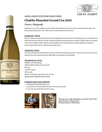Chablis Blanchot Grand Cru 2021 Fact Sheet