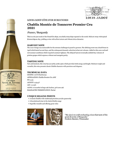Chablis Montée de Tonnerre Premier Cru 2021 Fact Sheet