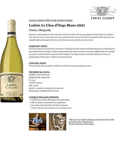 Ladoix Le Clou d’Orge Blanc 2021 Fact Sheet