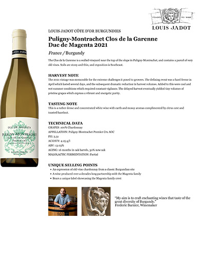 Puligny-Montrachet Clos de la Garenne Duc de Magenta 2021 Fact Sheet