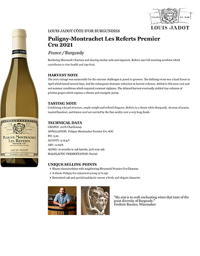 Puligny-Montrachet Les Referts Premier Cru 2021 Fact Sheet