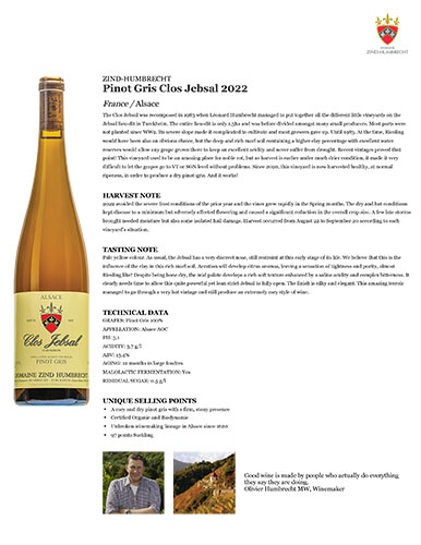 Pinot Gris Clos Jebsal 2022 Fact Sheet