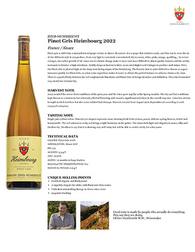 Pinot Gris Heimbourg 2022 Fact Sheet