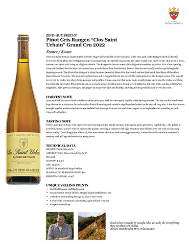 Pinot Gris Rangen “Clos Saint Urbain” Grand Cru 2022 Fact Sheet