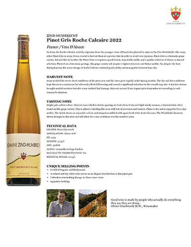 Pinot Gris Roche Calcaire 2022 Fact Sheet